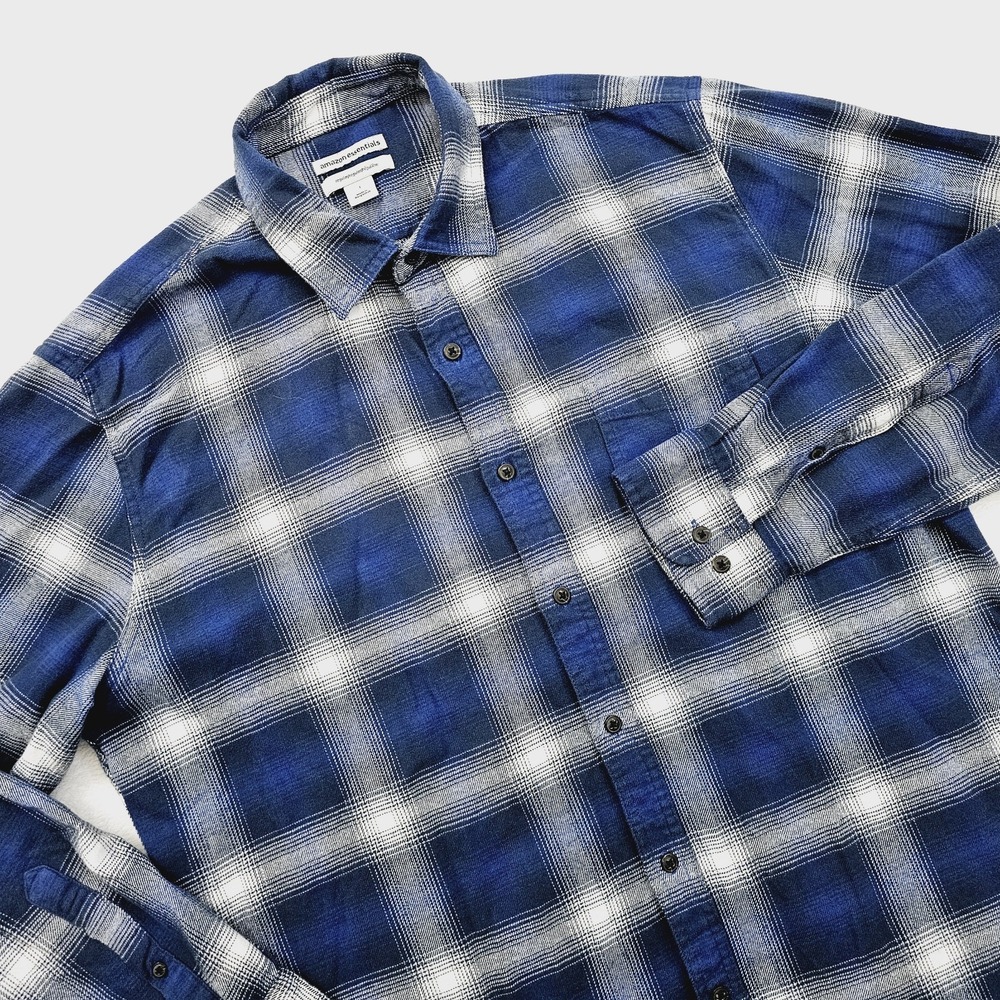 Amazon Essentials‎ Mens Large Blue White Plaid Button Up Shirt Long Sleeve